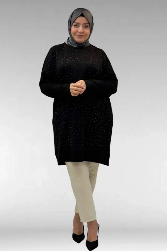 68001 Plus Size Rhinestone Detailed Combed Cotton Tunic - Black - BÜYÜKBEDENIZ