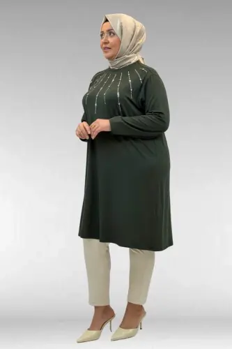 68002 Büyük Beden Önü Güneş Parıltılı Taş Baskılı Penye Tunik - Haki - 1