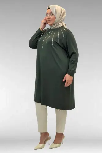 68002 Büyük Beden Önü Güneş Parıltılı Taş Baskılı Penye Tunik - Haki - 3