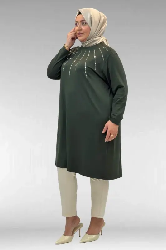 68002 Büyük Beden Önü Güneş Parıltılı Taş Baskılı Penye Tunik - Haki - 3