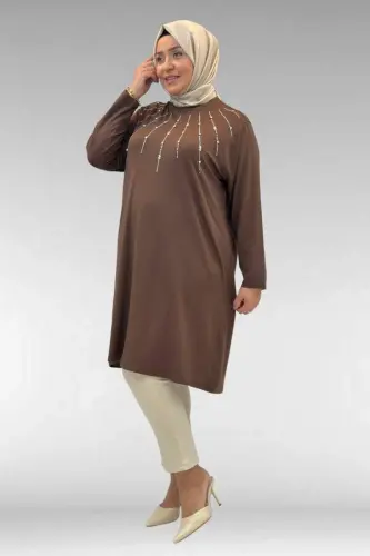 68002 Büyük Beden Önü Güneş Parıltılı Taş Baskılı Penye Tunik - Kahve - 3