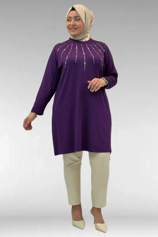 68002 Büyük Beden Önü Güneş Parıltılı Taş Baskılı Penye Tunik - Mürdüm - BÜYÜKBEDENIZ