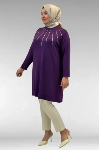 68002 Büyük Beden Önü Güneş Parıltılı Taş Baskılı Penye Tunik - Mürdüm - 3