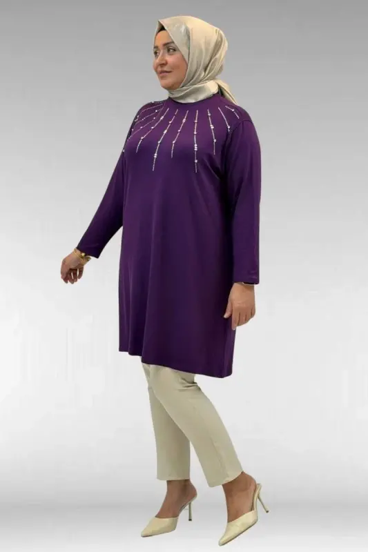 68002 Büyük Beden Önü Güneş Parıltılı Taş Baskılı Penye Tunik - Mürdüm - 3