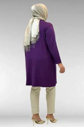 68002 Büyük Beden Önü Güneş Parıltılı Taş Baskılı Penye Tunik - Mürdüm - 4