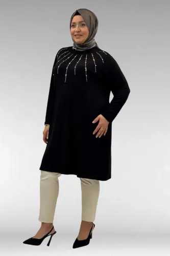 68002 Plus Size Sun Glitter Stone Printed Combed Cotton Tunic - Black - 1