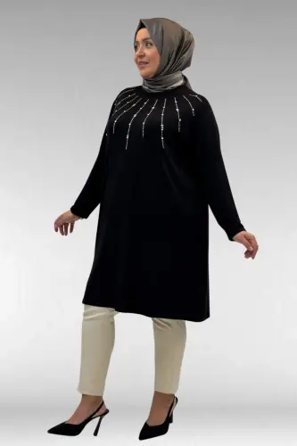 68002 Plus Size Sun Glitter Stone Printed Combed Cotton Tunic - Black - BÜYÜKBEDENIZ (1)