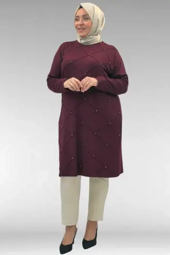 68004 Büyük Beden Çıma Detaylı Penye Tunik - Bordo - 1