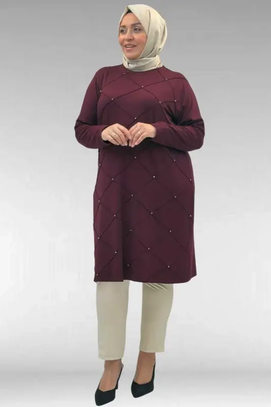 68004 Büyük Beden Çıma Detaylı Penye Tunik - Bordo - 1