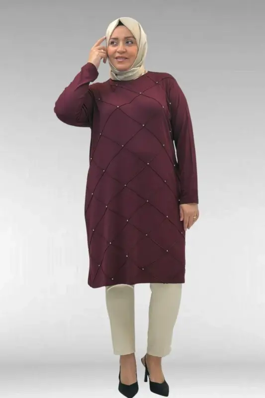 68004 Büyük Beden Çıma Detaylı Penye Tunik - Bordo - 3