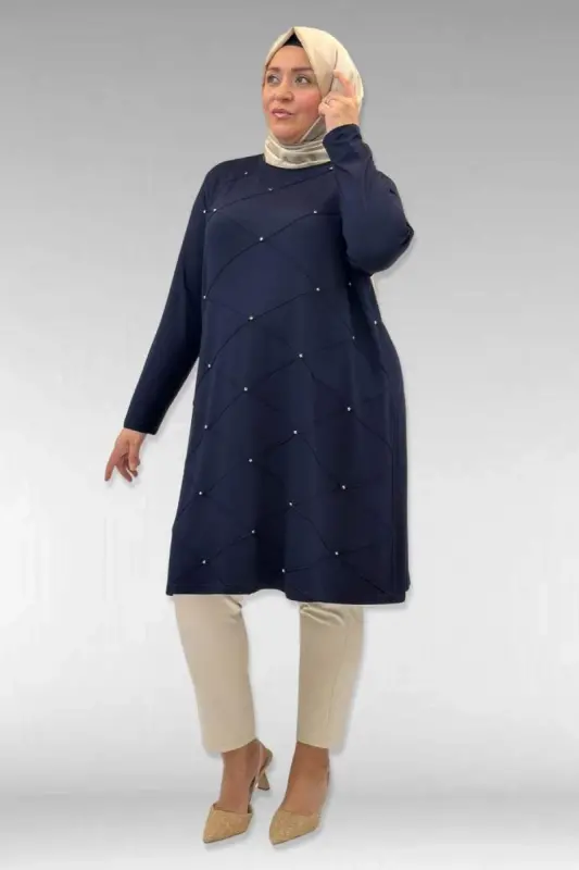 68004 Büyük Beden Çıma Detaylı Penye Tunik - Lacivert - 3