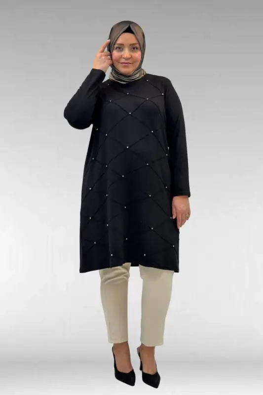 68004 Büyük Beden Çıma Detaylı Penye Tunik - Siyah - BÜYÜKBEDENIZ