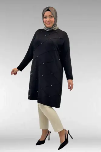 68004 Büyük Beden Çıma Detaylı Penye Tunik - Siyah - 3