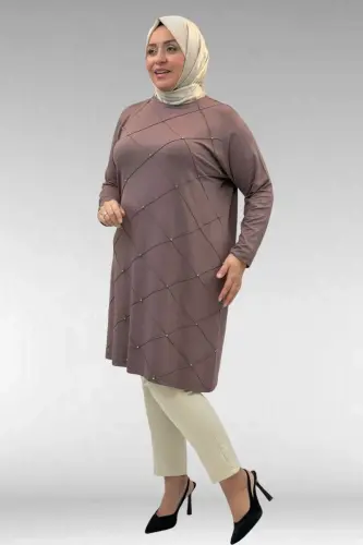 68004 Büyük Beden Çıma Detaylı Penye Tunik - Vizon - 3