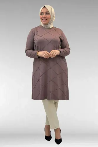 68004 Büyük Beden Çıma Detaylı Penye Tunik - Vizon - 1