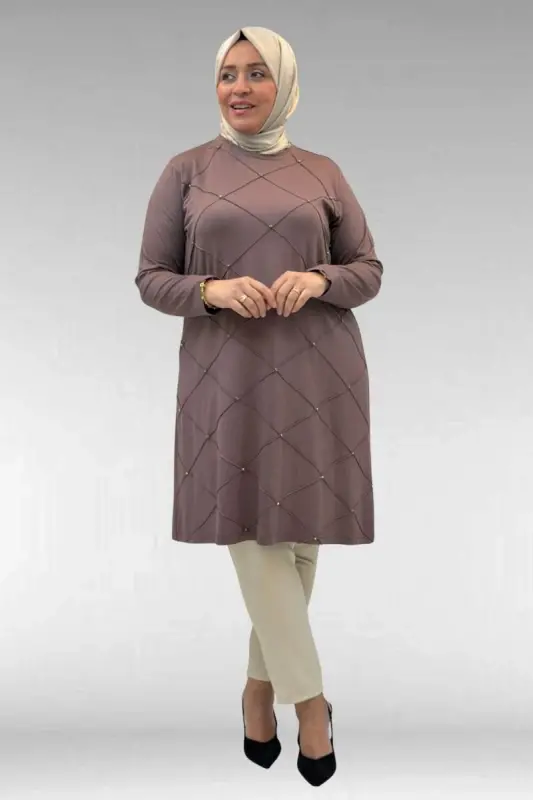 68004 Büyük Beden Çıma Detaylı Penye Tunik - Vizon - 1