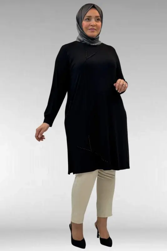 68005 Plus Size Combed Cotton Tunic with Pearl Stud Detail - Black - BÜYÜKBEDENIZ