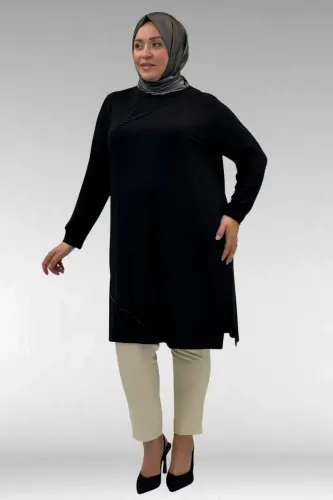 68005 Plus Size Combed Cotton Tunic with Pearl Stud Detail - Black - BÜYÜKBEDENIZ (1)