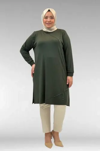 68005 Plus Size Combed Cotton Tunic with Pearl Stud Detail - Khaki - 1