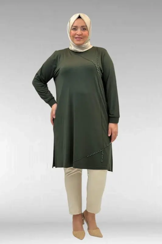 68005 Plus Size Combed Cotton Tunic with Pearl Stud Detail - Khaki - BÜYÜKBEDENIZ