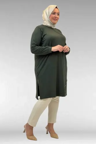 68005 Plus Size Combed Cotton Tunic with Pearl Stud Detail - Khaki - BÜYÜKBEDENIZ (1)