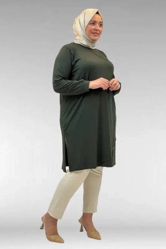 68005 Plus Size Combed Cotton Tunic with Pearl Stud Detail - Khaki - 2