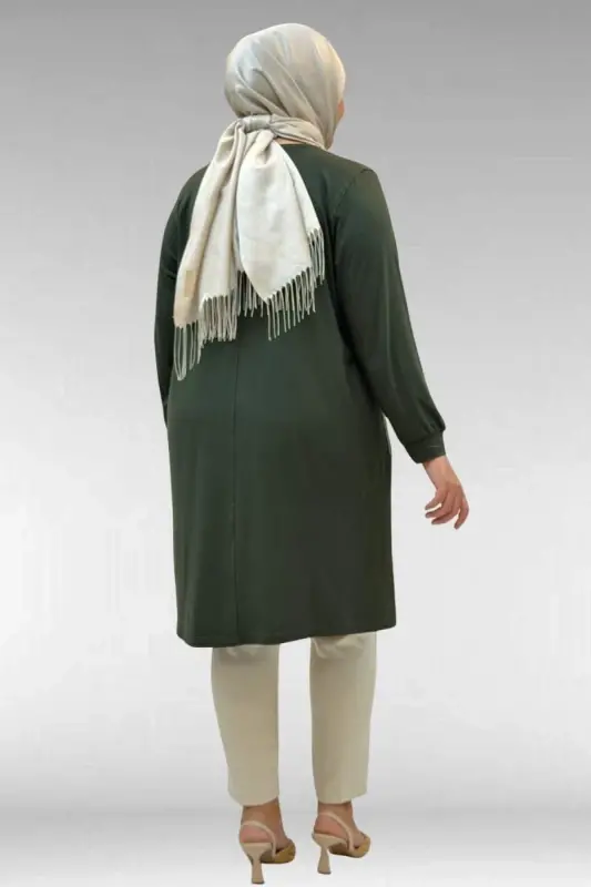68005 Plus Size Combed Cotton Tunic with Pearl Stud Detail - Khaki - 3