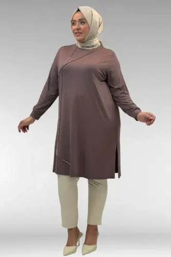 68005 Plus Size Combed Cotton Tunic with Pearl Stud Detail - Mink - 1