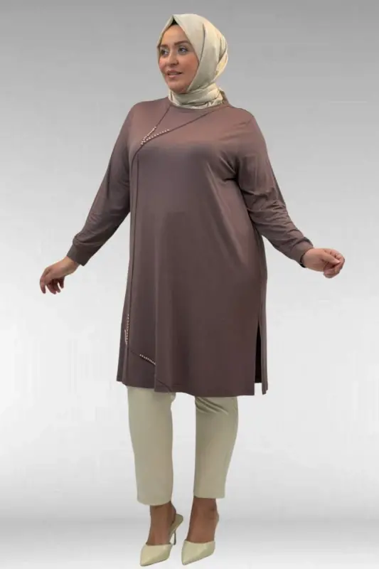 68005 Plus Size Combed Cotton Tunic with Pearl Stud Detail - Mink - BÜYÜKBEDENIZ