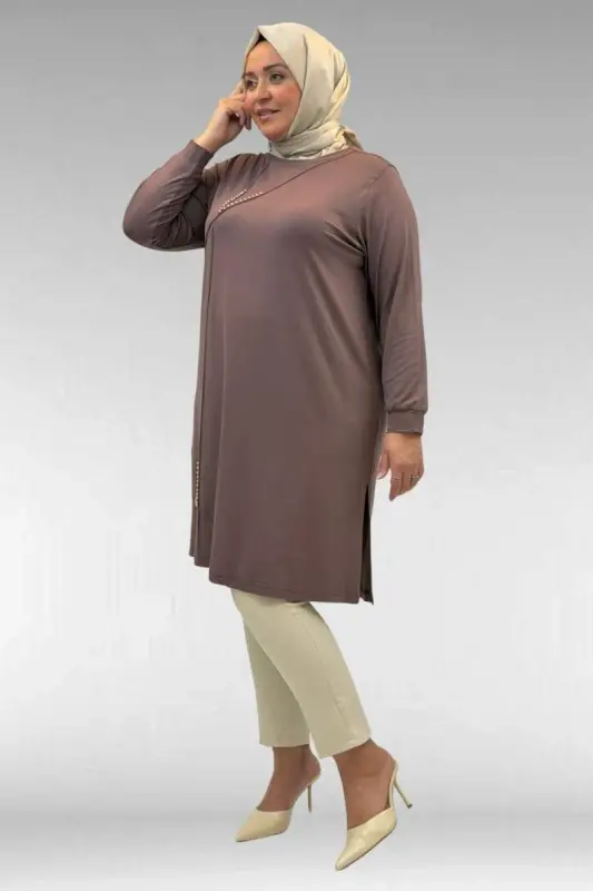 68005 Plus Size Combed Cotton Tunic with Pearl Stud Detail - Mink - 2