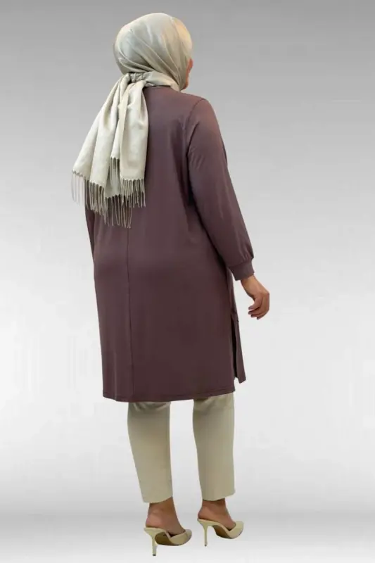 68005 Plus Size Combed Cotton Tunic with Pearl Stud Detail - Mink - 3