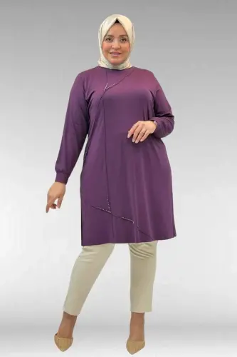 68005 Plus Size Pearl Studded Combed Cotton Tunic - Damson - 1