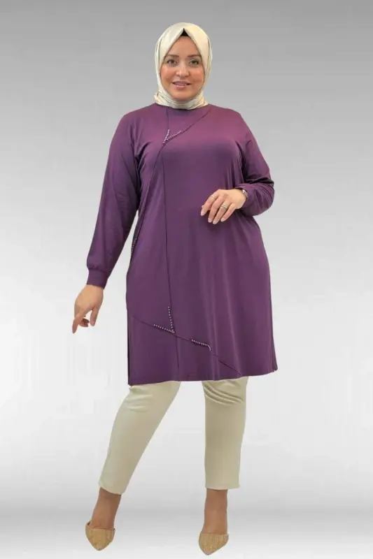 68005 Plus Size Pearl Studded Combed Cotton Tunic - Damson - BÜYÜKBEDENIZ