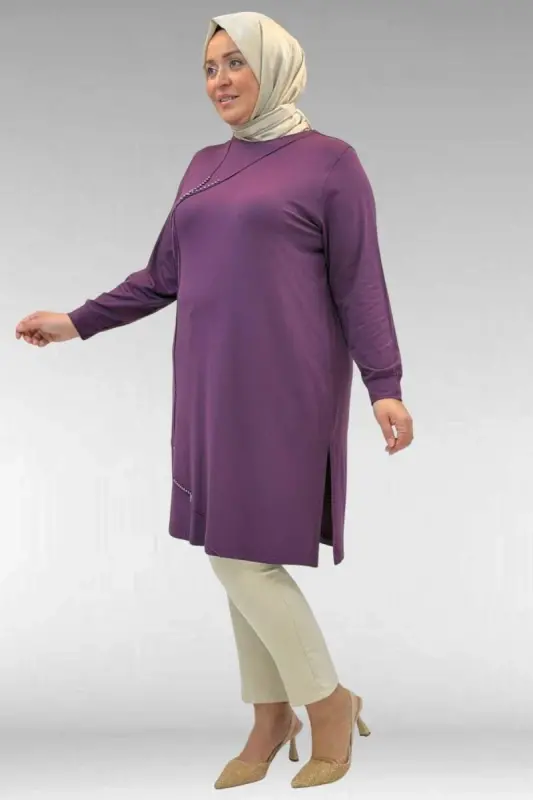 68005 Plus Size Pearl Studded Combed Cotton Tunic - Damson - 2