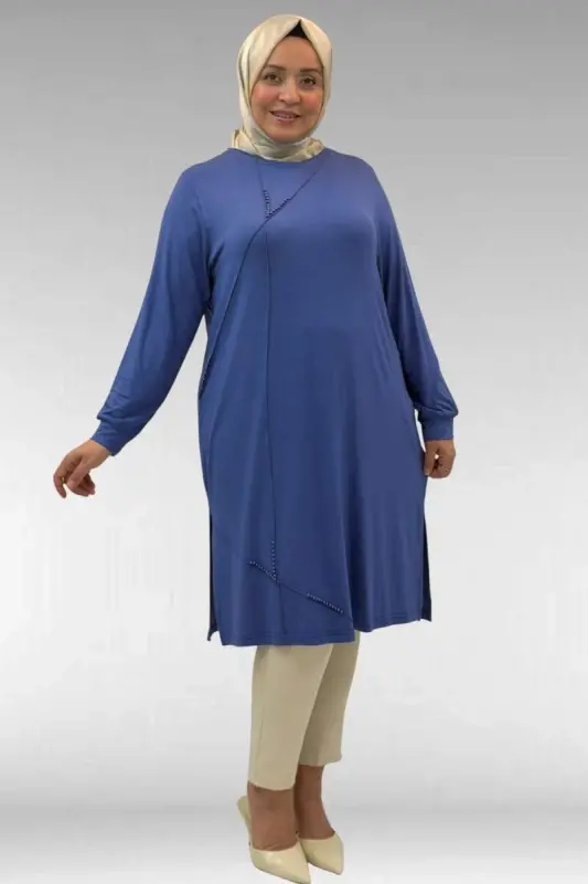 68005 Plus Size Pearl Studded Combed Cotton Tunic - Indigo - 1