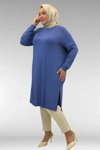 68005 Plus Size Pearl Studded Combed Cotton Tunic - Indigo - BÜYÜKBEDENIZ (1)
