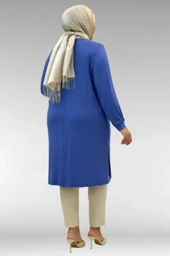 68005 Plus Size Pearl Studded Combed Cotton Tunic - Indigo - 3