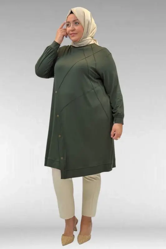 68006 Büyük Beden Pat Üzeri Düğme Detaylı Penye Tunik - Haki - BÜYÜKBEDENIZ