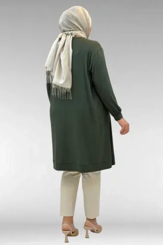 68006 Büyük Beden Pat Üzeri Düğme Detaylı Penye Tunik - Haki - 3