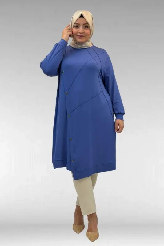 68006 Büyük Beden Pat Üzeri Düğme Detaylı Penye Tunik - İndigo - 1