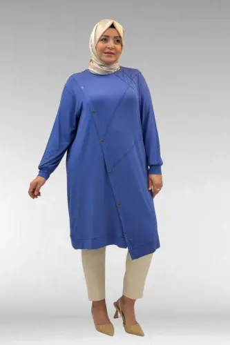 68006 Büyük Beden Pat Üzeri Düğme Detaylı Penye Tunik - İndigo - BÜYÜKBEDENIZ (1)