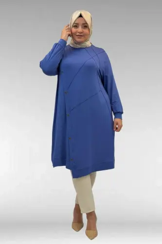 68006 Büyük Beden Pat Üzeri Düğme Detaylı Penye Tunik - İndigo - 1