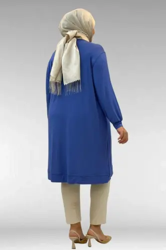 68006 Büyük Beden Pat Üzeri Düğme Detaylı Penye Tunik - İndigo - 3
