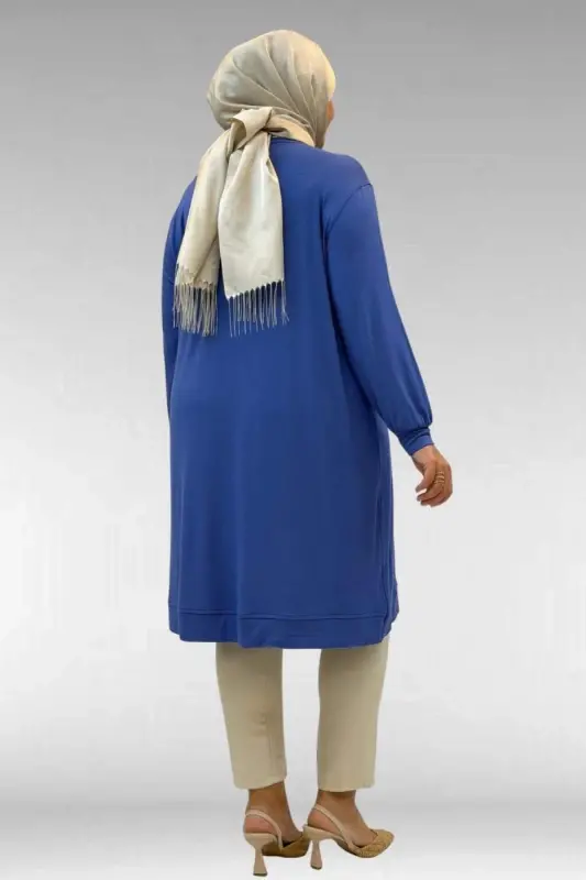 68006 Büyük Beden Pat Üzeri Düğme Detaylı Penye Tunik - İndigo - 3