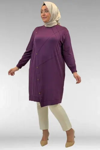 68006 Büyük Beden Pat Üzeri Düğme Detaylı Penye Tunik - Mürdüm - BÜYÜKBEDENIZ (1)