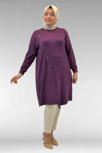 68006 Büyük Beden Pat Üzeri Düğme Detaylı Penye Tunik - Mürdüm - 1