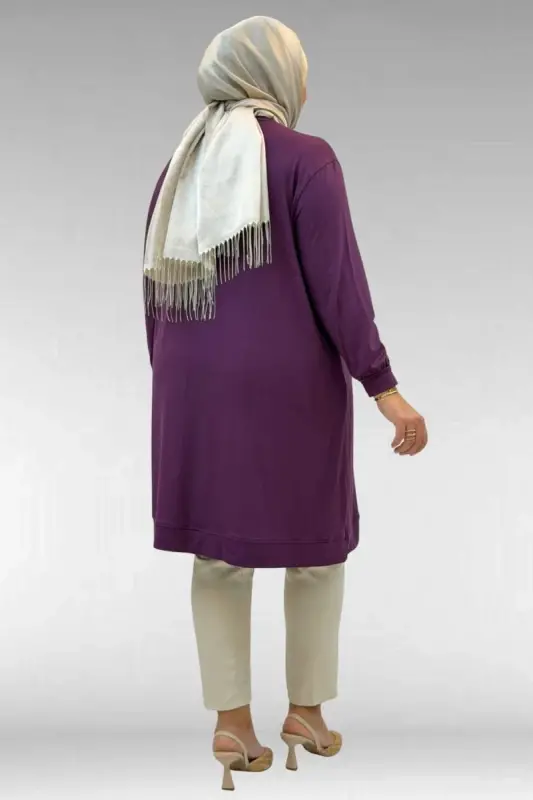 68006 Büyük Beden Pat Üzeri Düğme Detaylı Penye Tunik - Mürdüm - 3