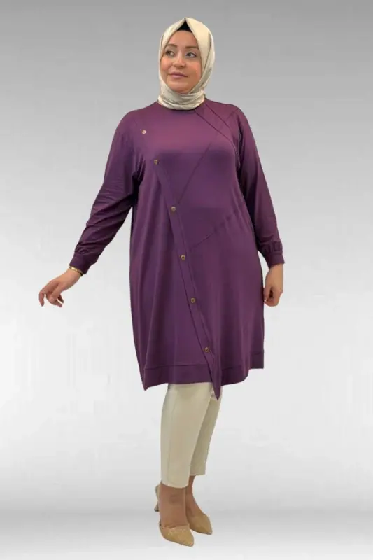 68006 Büyük Beden Pat Üzeri Düğme Detaylı Penye Tunik - Mürdüm - 1