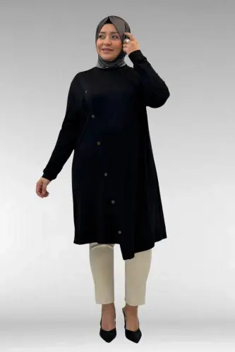 68006 Büyük Beden Pat Üzeri Düğme Detaylı Penye Tunik - Siyah - 1