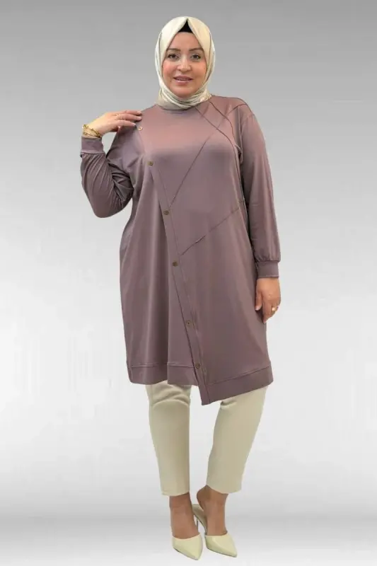 68006 Büyük Beden Pat Üzeri Düğme Detaylı Penye Tunik - Vizon - 1